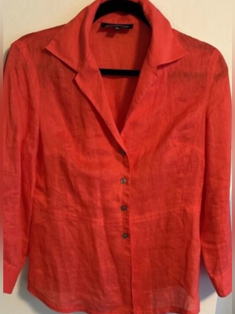 Jones N Y Collection Petite Crisp Linen Top Button Down Coral  3/4 Sleeves Sz 8P